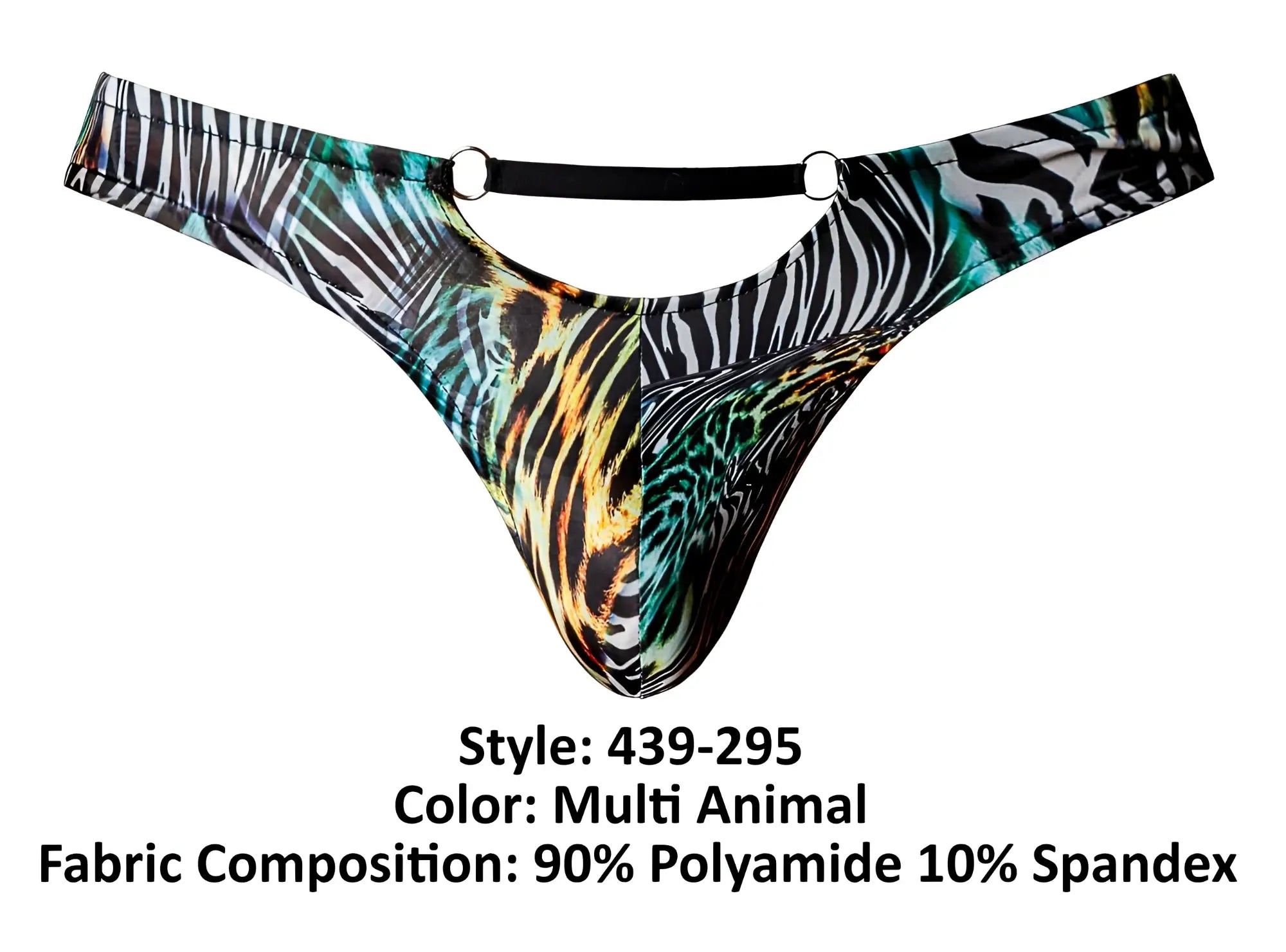 Male power 439-295 go wild thong with bold zebra and leopard multi animal print and teal accents with 2 rings