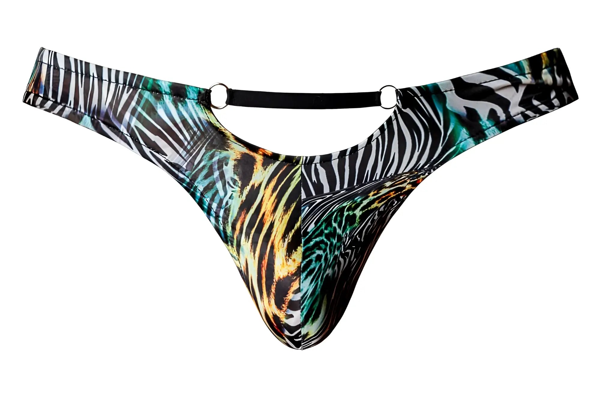 Male power 439-295 go wild thong with teal black gold and white animal print stretchy fabric and metal rings at waistband