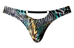 Male power 439-295 go wild thong with teal black gold and white animal print stretchy fabric and metal rings at waistband