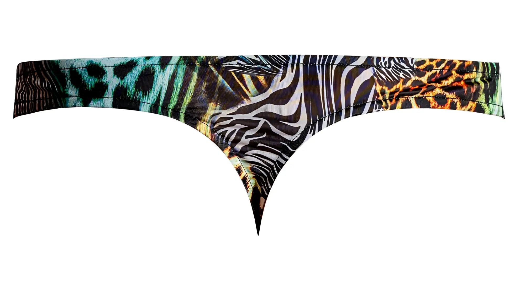 Male power 439-295 go wild thong with 2 rings in vibrant stretchy multi animal print featuring zebra and leopard patterns