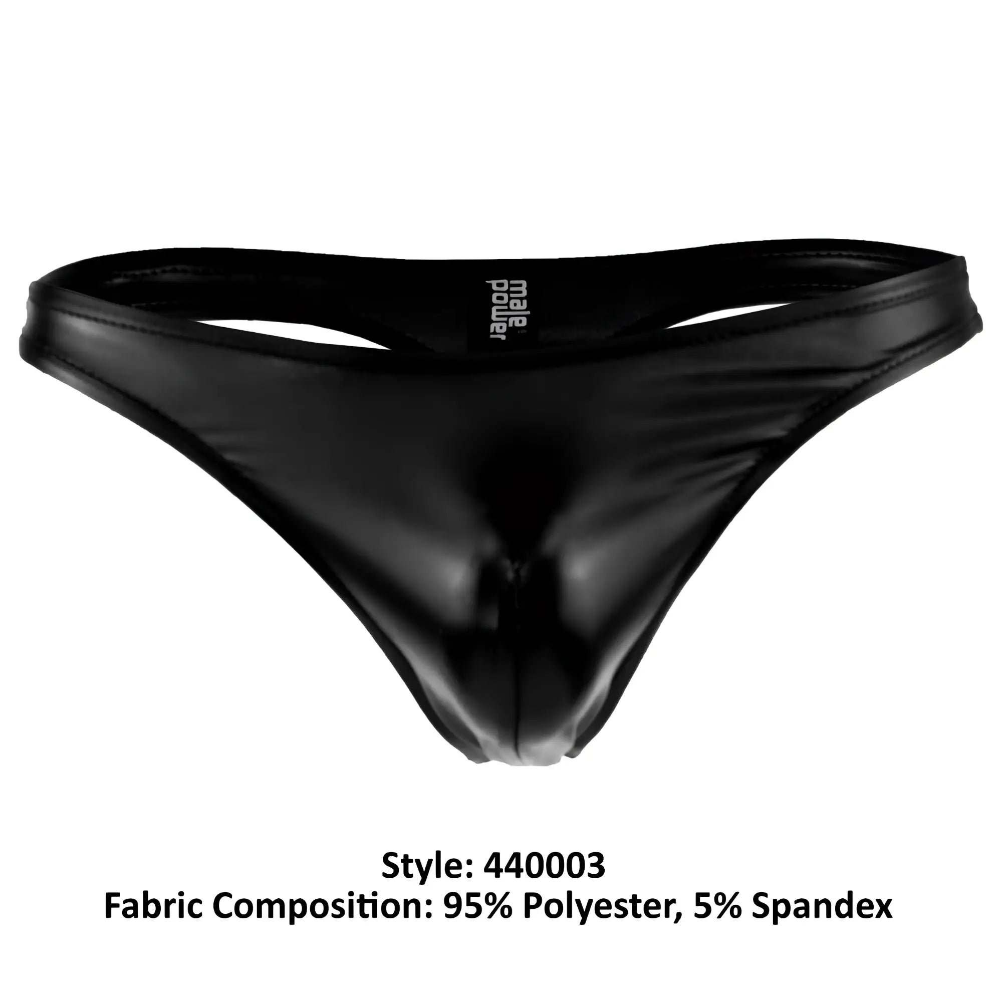 Black glossy men’s thong with sleek form-fitting design and male power branding on waistband by male power