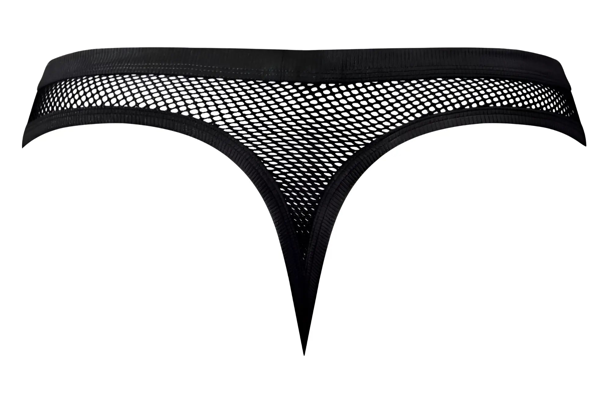 Male power 441-11c fishnet black thong with solid elastic waistband and pointed leg openings shown from the back