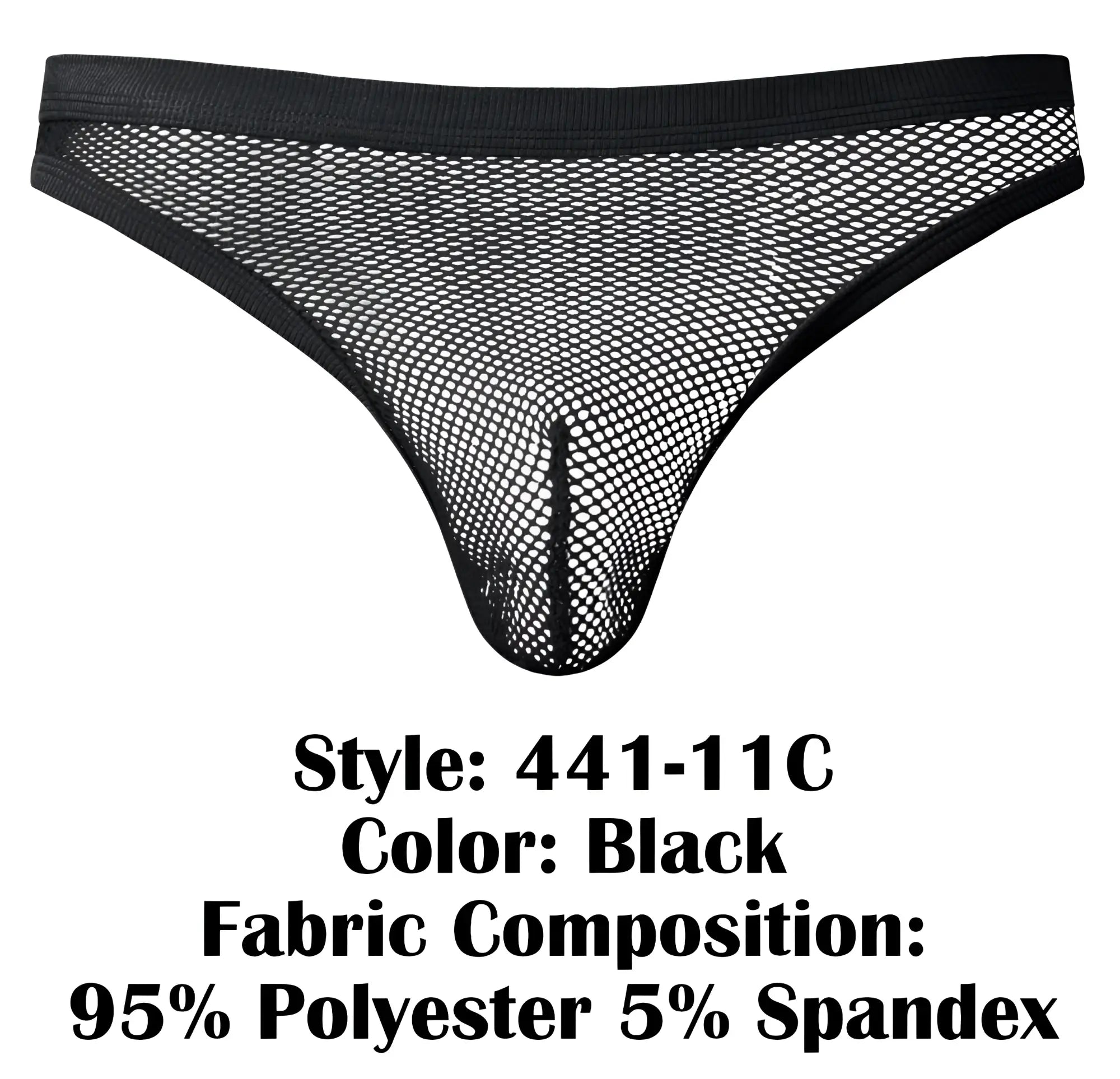 Black mesh thong with solid black elastic waistband and leg openings made of 95 polyester 5 spandex male power 441-11c fishnet bong thong