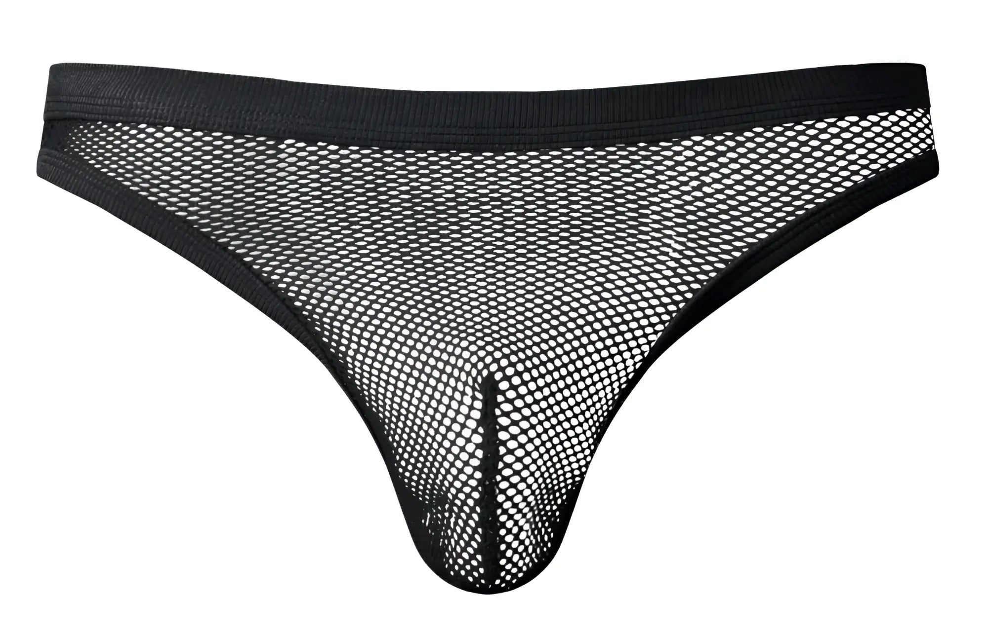 Male power 441-11c black fishnet thong with solid black waistband and leg openings shown from the back side