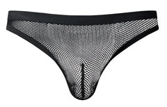 Male power 441-11c black fishnet thong with solid black waistband and leg openings shown from the back side