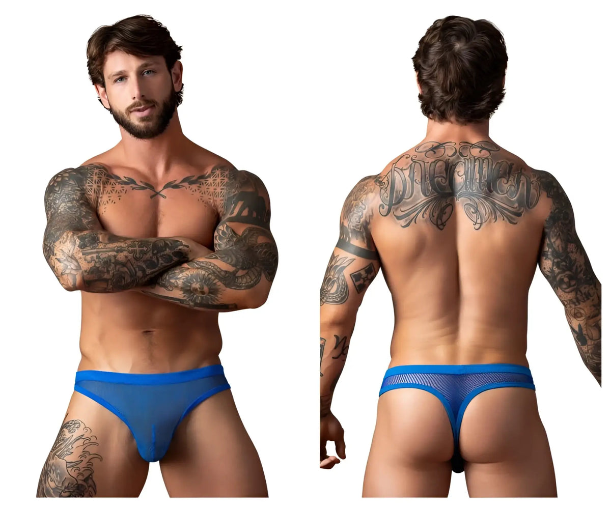 Back view of male power 441-11c royal blue fishnet thong with low-rise cut and intricate mesh design
