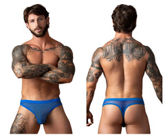 Back view of male power 441-11c royal blue fishnet thong with low-rise cut and intricate mesh design