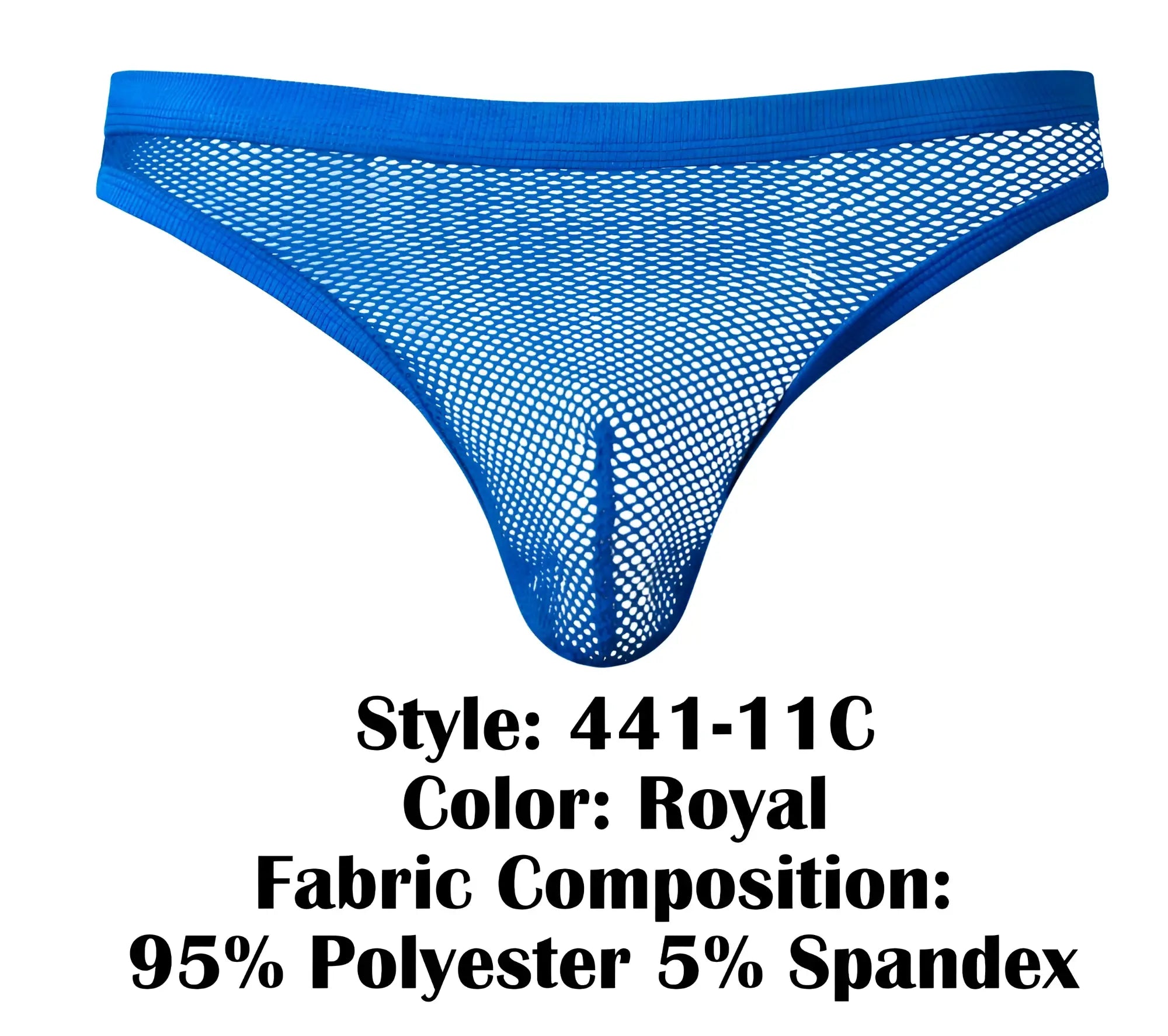 Male power 441-11c royal blue mesh fishnet thong made of 95 polyester 5 spandex shown from the back side