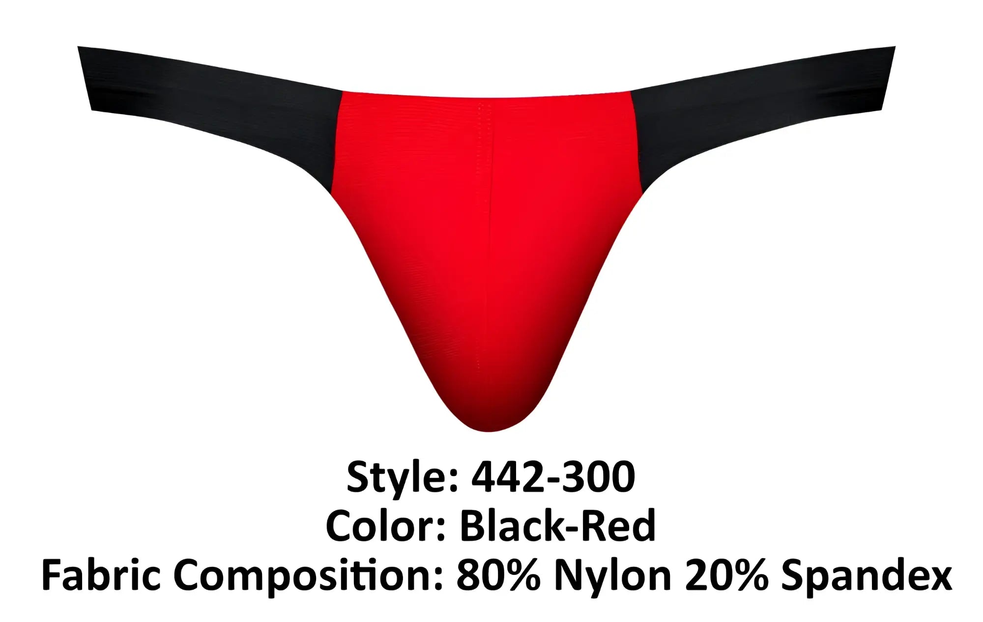 Black and red male power 442-300 hot mesh bong thong made of 80 percent nylon and 20 percent spandex with athletic design