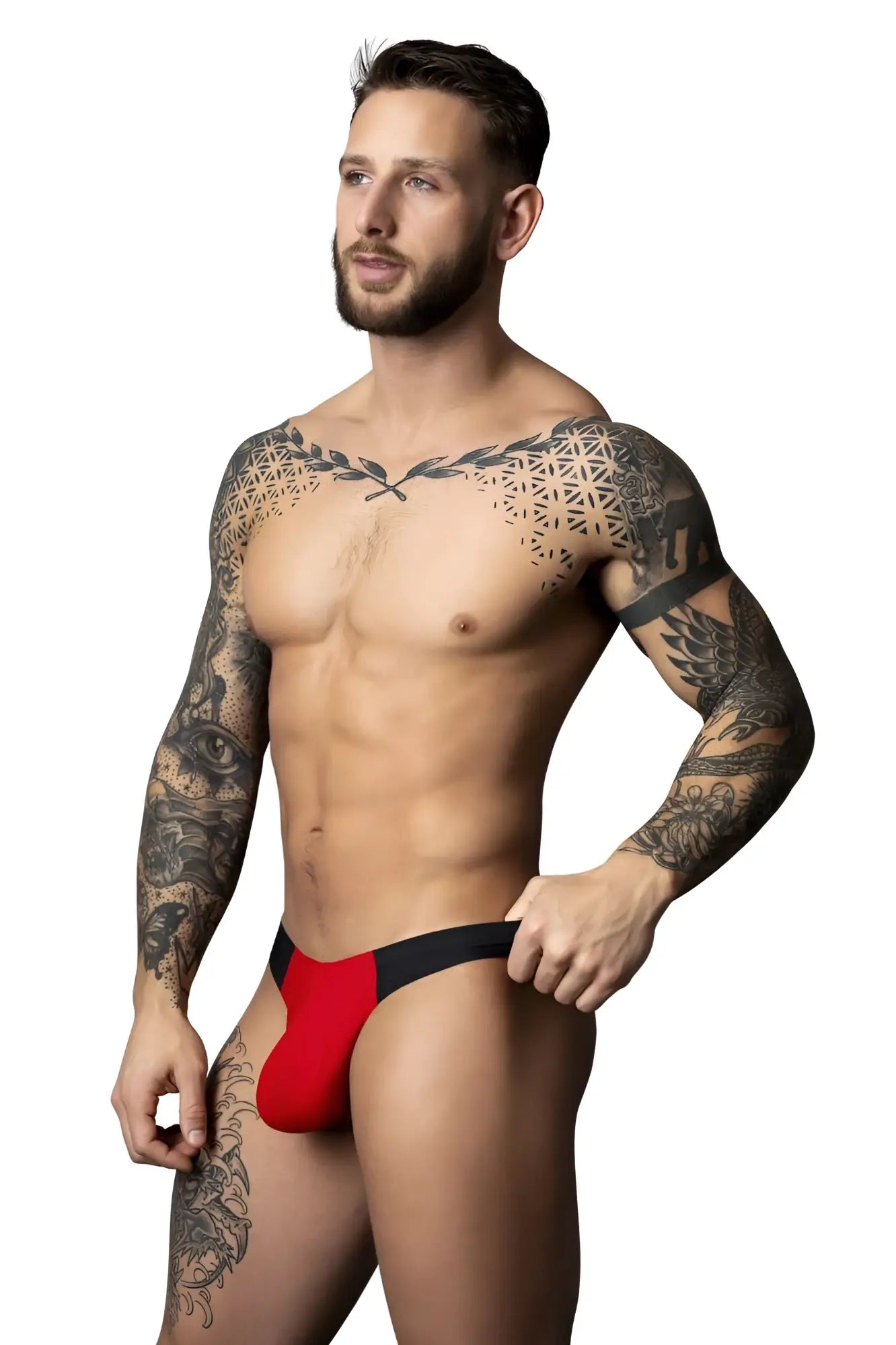 Male power 442-300 hot mesh bong thong in black and red with a sleek, form-fitting athletic design