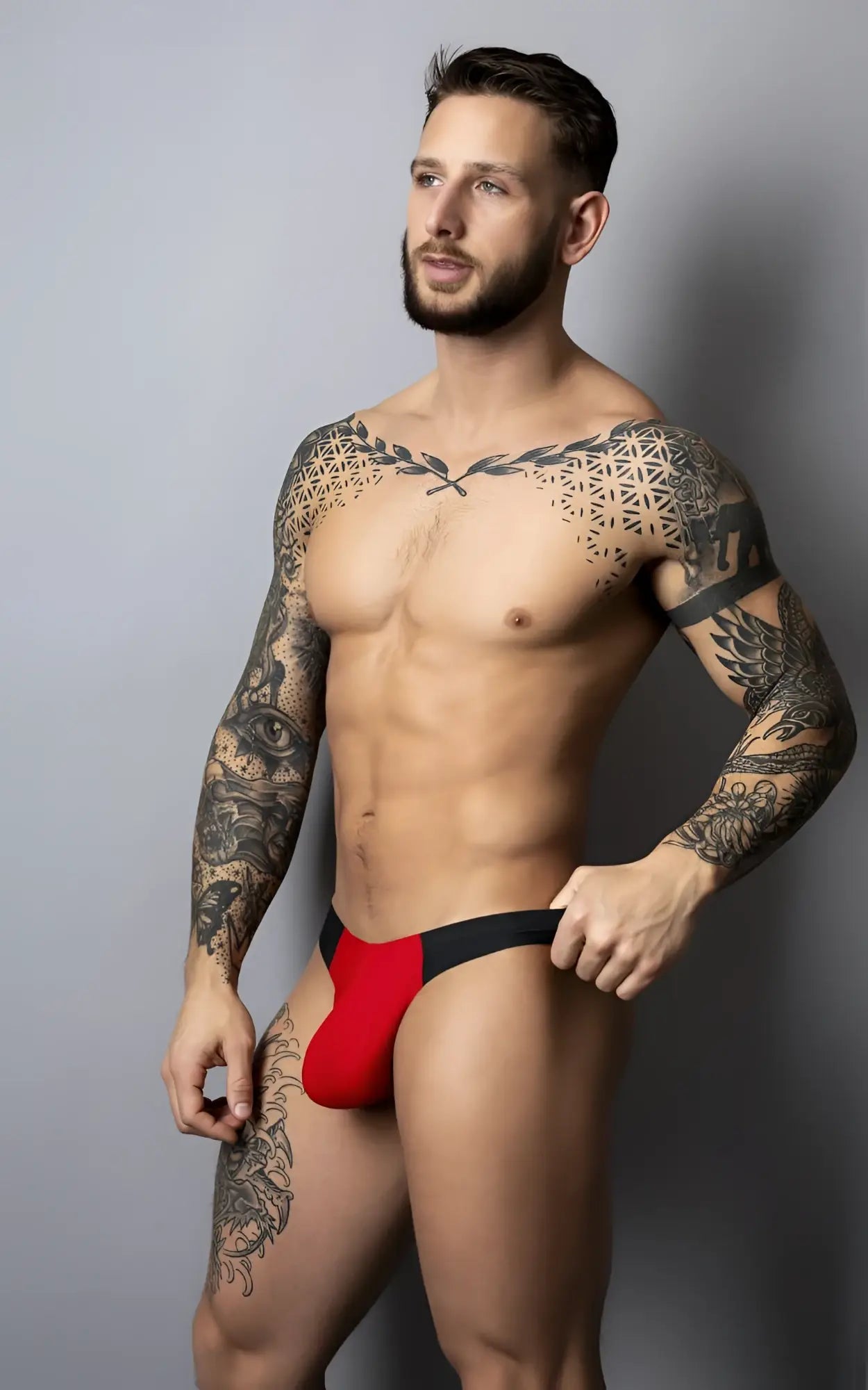 Male power 442-300 hot mesh bong thong in black and red with a sleek form-fitting design made from breathable mesh