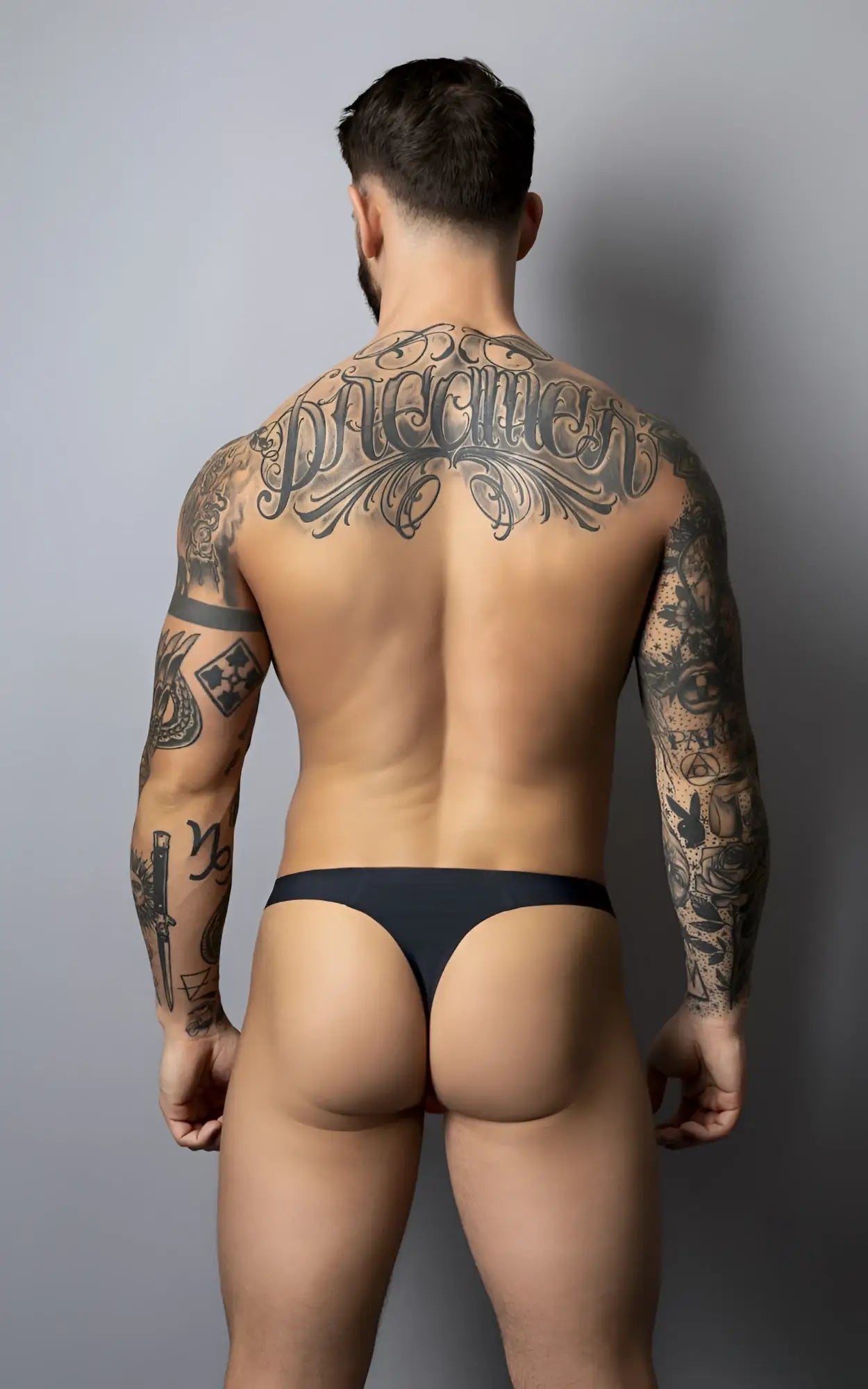 Black-red male power 442-300 hot mesh thong back view with smooth form-fitting design in breathable mesh material