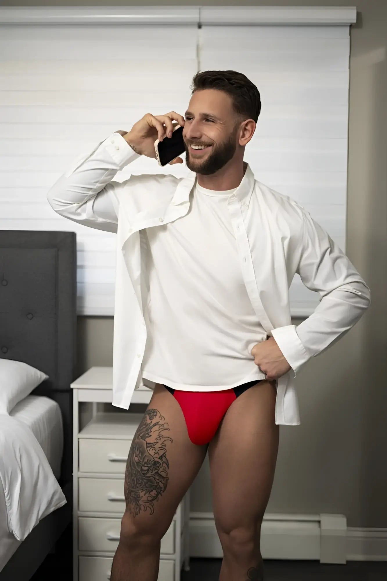 Red briefs with black trim made of hot mesh material from male power 442-300 hot mesh bong thong in black red