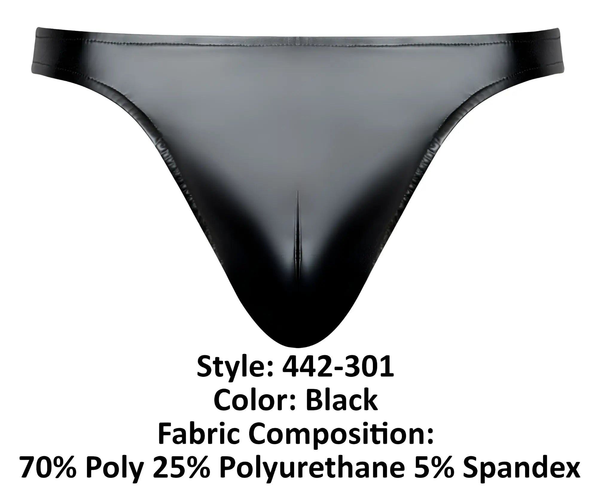 Black glossy finish male power 442-301 liquid onyx 2.0 thong made from stretchy polyester and polyurethane blend