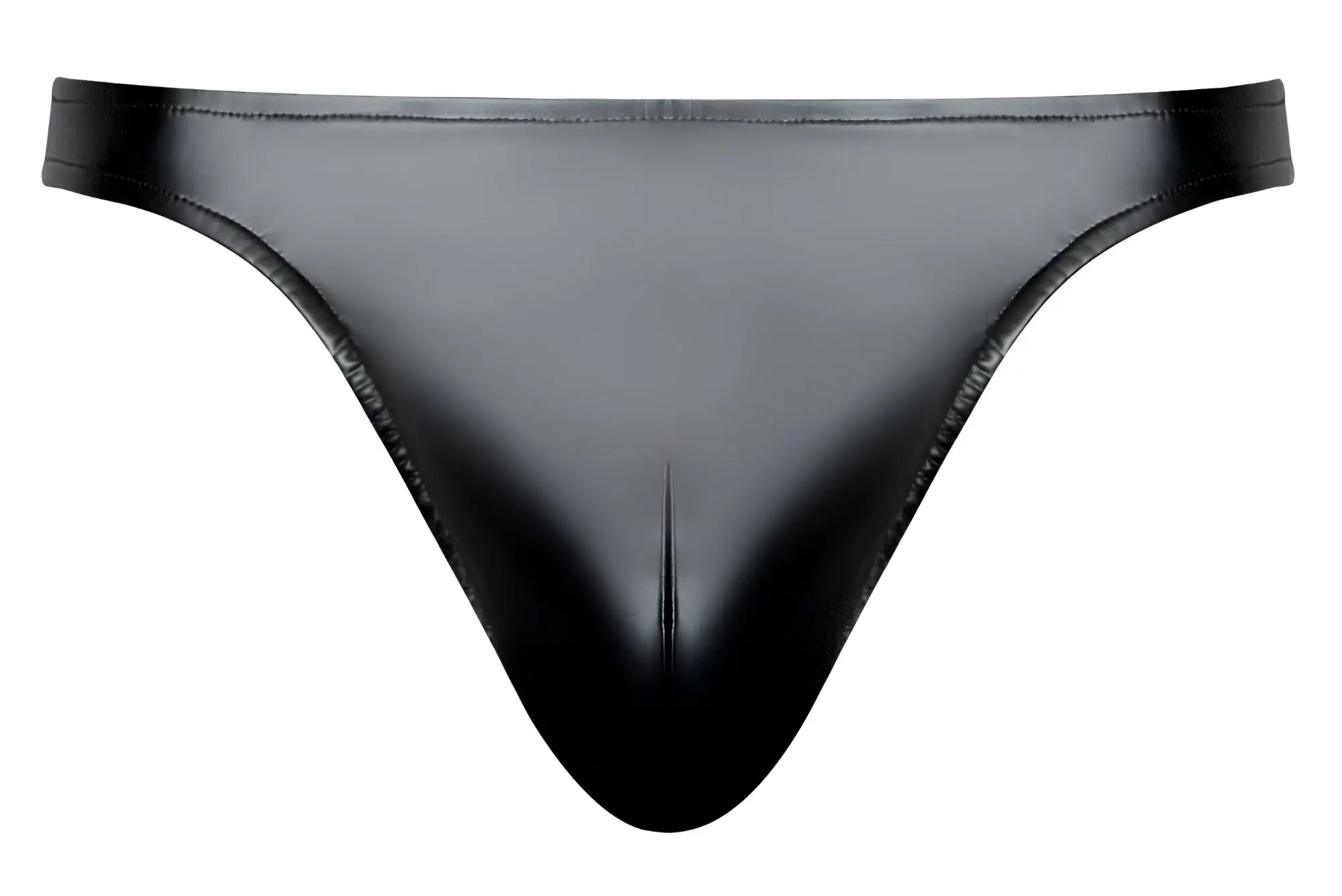 Male power 442-301 liquid onyx 2.0 black glossy latex thong with a sleek form-fitting design shown from the back