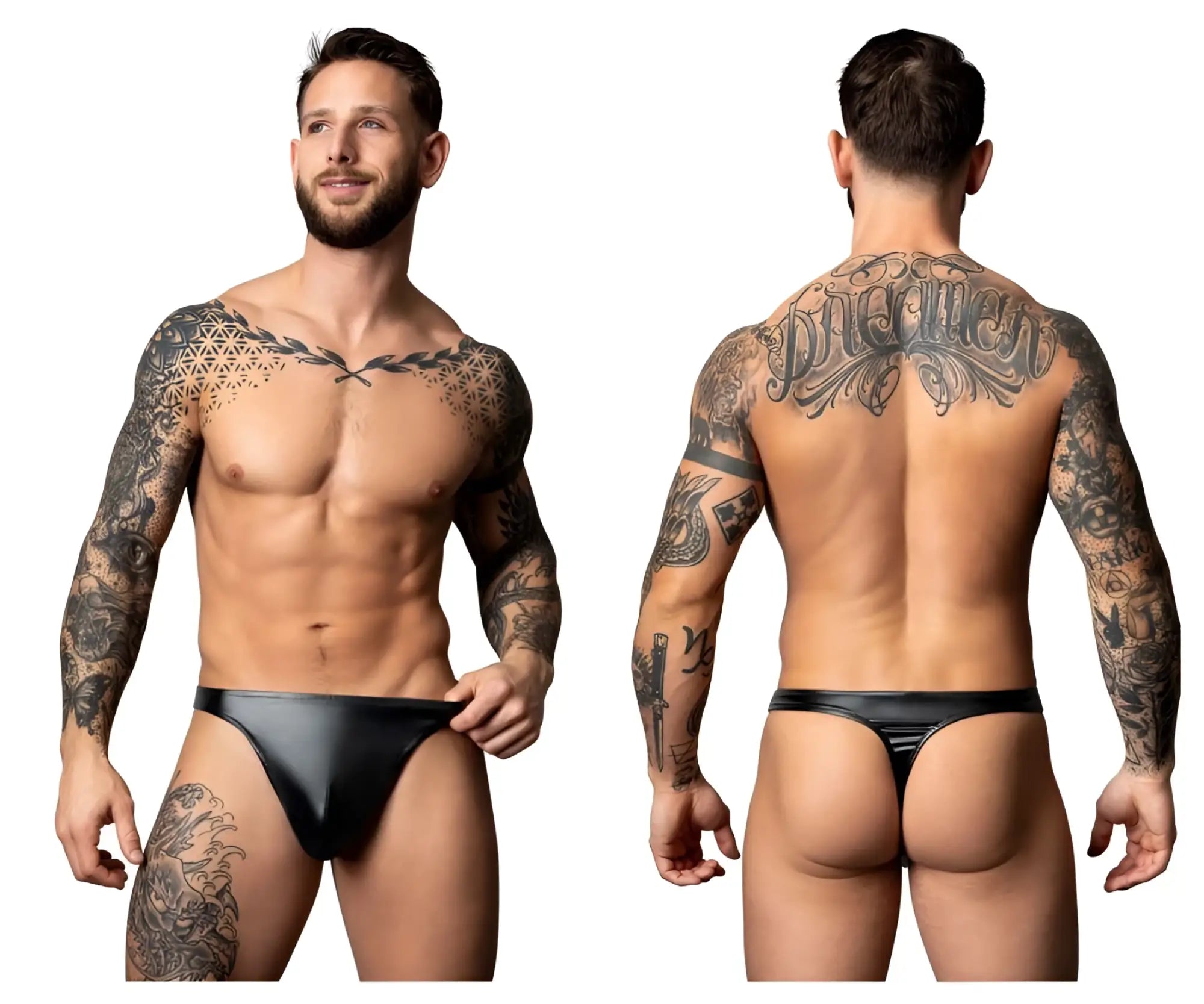 Black liquid onyx 2.0 bong thong by male power in latex showing the back side of the black thong design