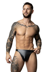 Male power 442-301 liquid onyx 2.0 black leather briefs showing the back side with a thong design