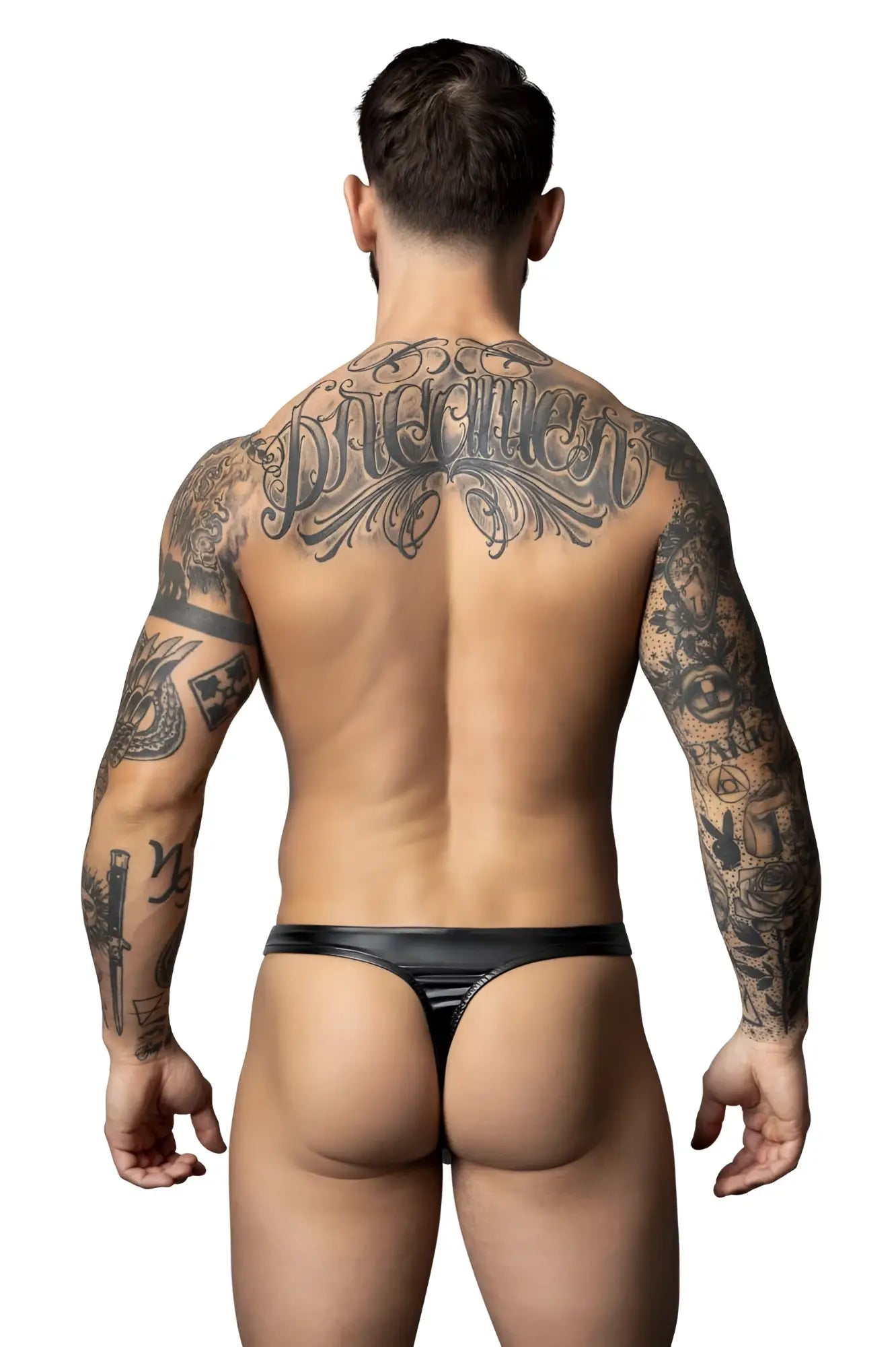 Black shiny latex thong showing the back side from male power 442-301 liquid onyx 2.0 bong thong collection