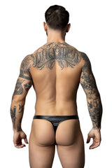 Black shiny latex thong showing the back side from male power 442-301 liquid onyx 2.0 bong thong collection