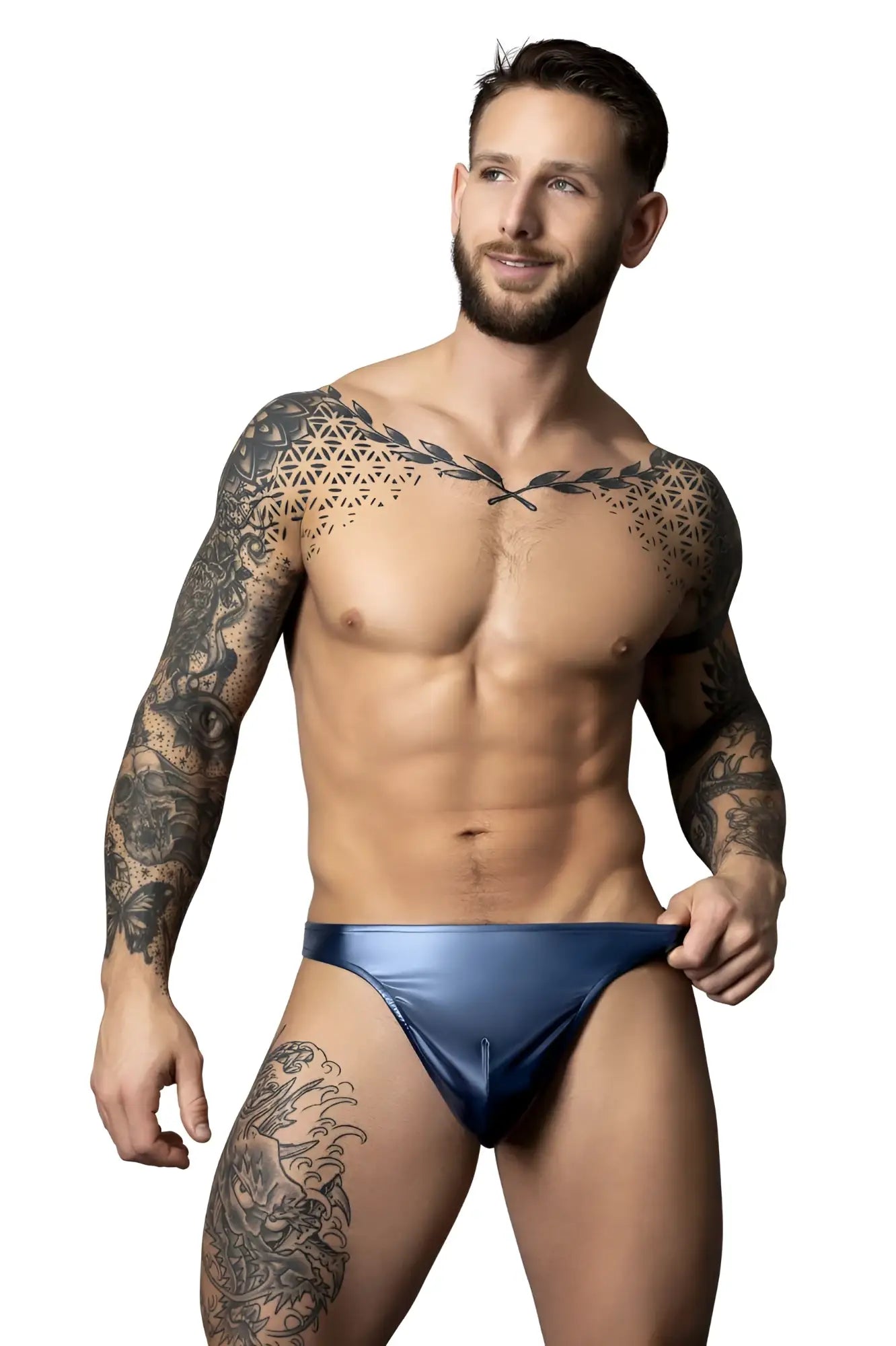 Male power 442-301 liquid onyx 2.0 blue metallic briefs showing front side with shiny fabric and sleek design