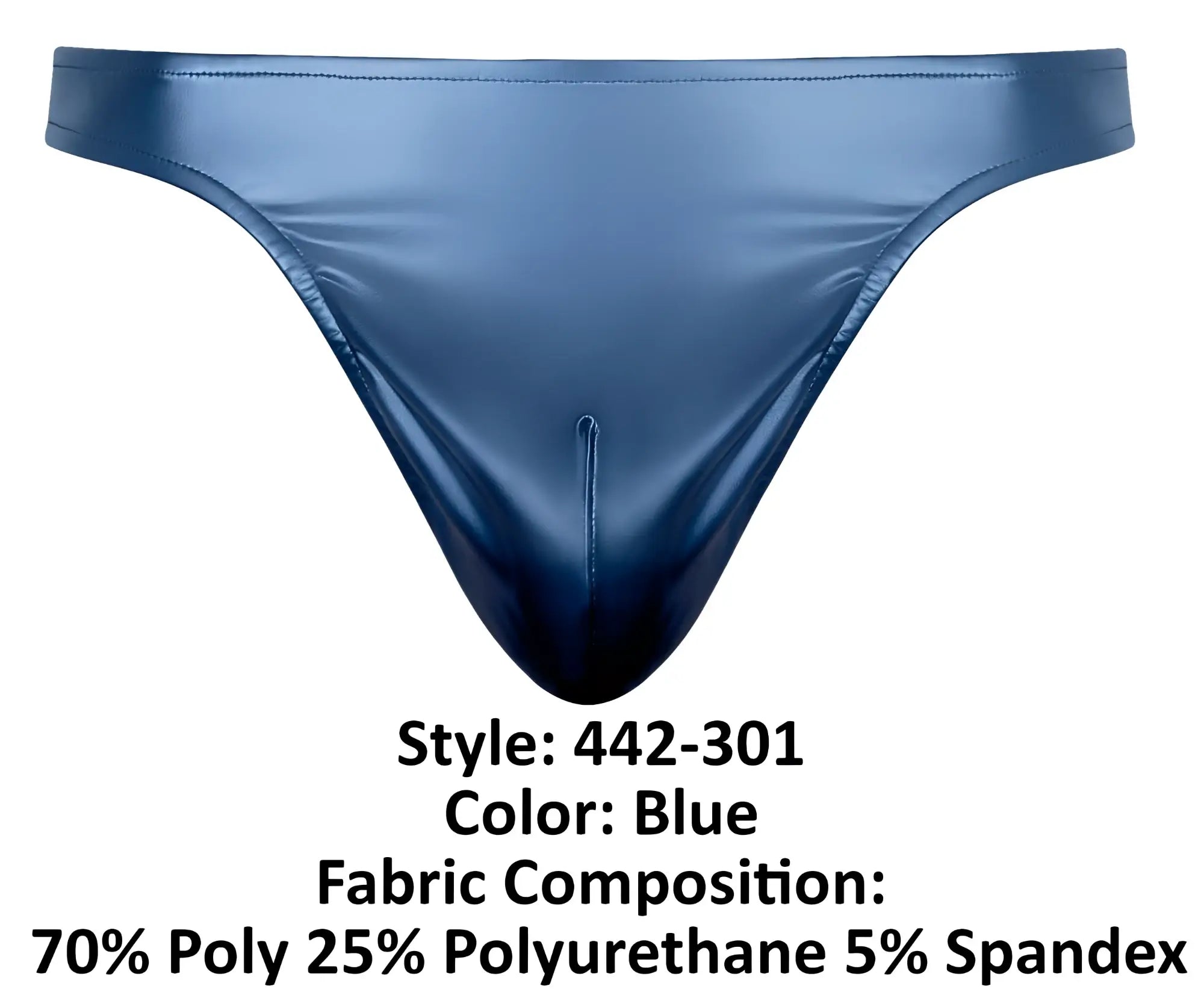 Male power 442-301 liquid onyx 2.0 blue shiny thong made of 70% polyester 25% polyurethane and 5% spandex