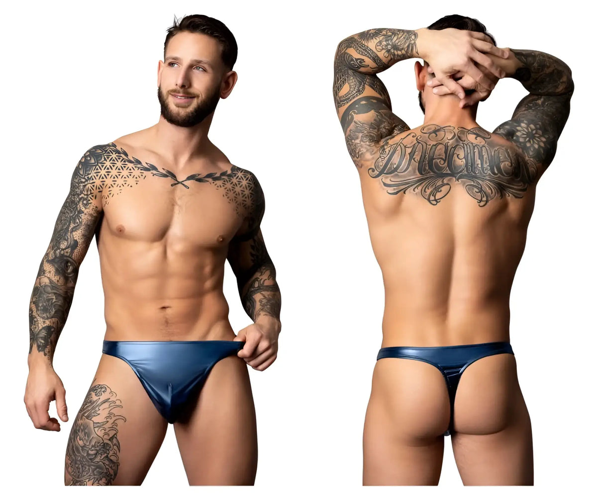 Male power 442-301 liquid onyx 2.0 bong thong in blue shiny material showing the front side of briefs
