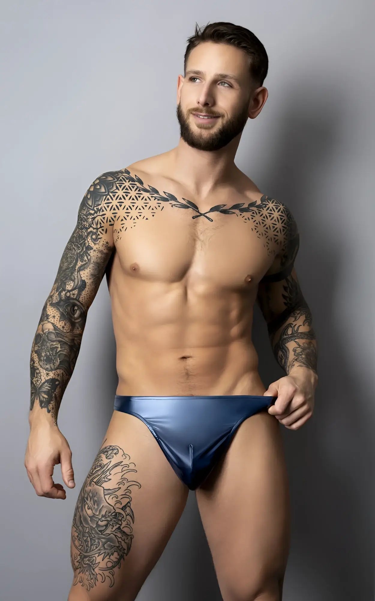 Male power 442-301 liquid onyx 2.0 shiny navy blue satin briefs front view