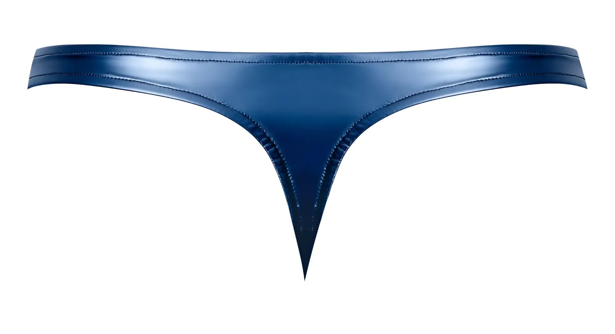 A sleek deep blue Male Power 442-301 Liquid Onyx 2.0 thong made of shiny patent leather with precise stitching