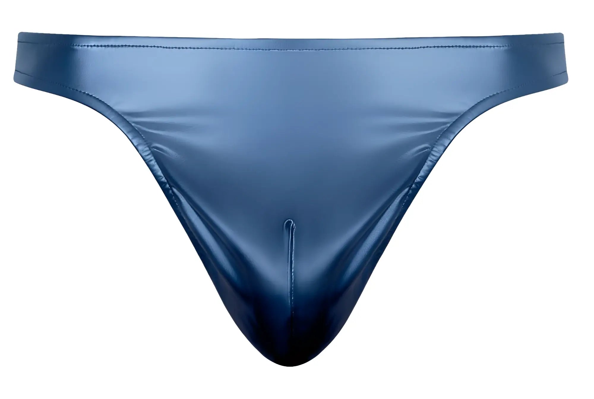 A sleek glossy navy blue male power 442 301 liquid onyx 2 0 thong made of shiny synthetic material