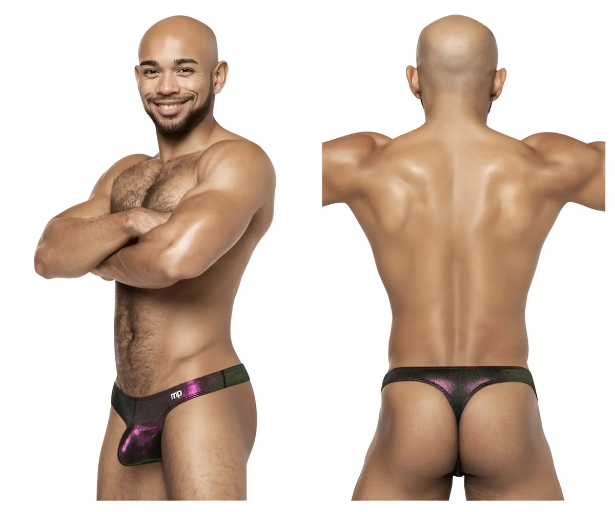 Black and purple iridescent fabric briefs with subtle shimmering pattern male power 443-277 hocus pocus uplift bong thong