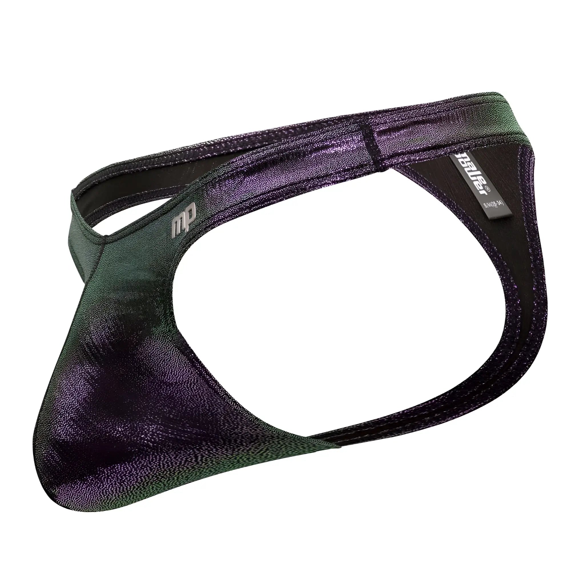 Male power 443-277 hocus pocus uplift bong thong in shimmering iridescent green and purple metallic fabric briefs