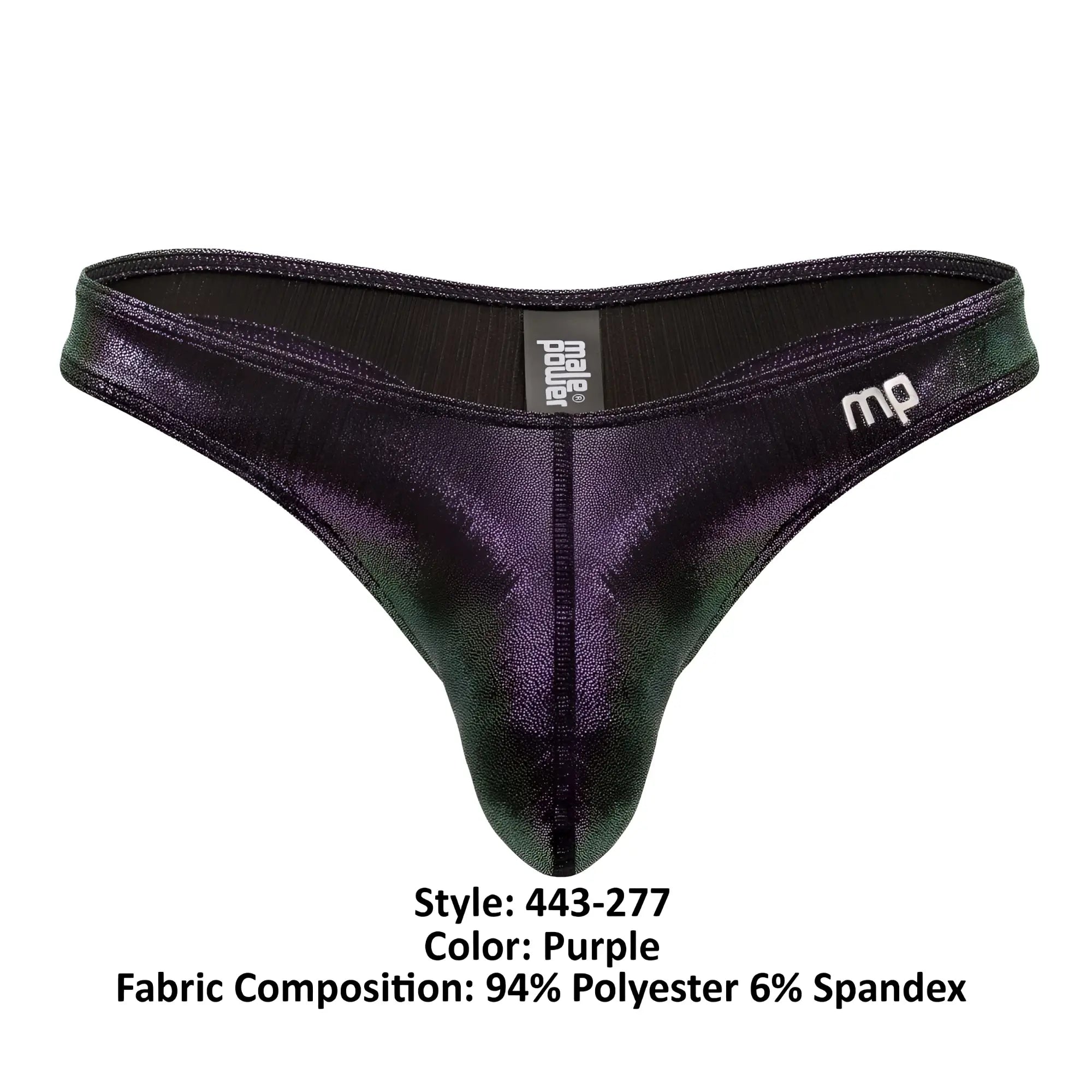 Male Power 443-277 Hocus Pocus purple metallic fabric thong with sleek shiny finish and subtle gradient effect