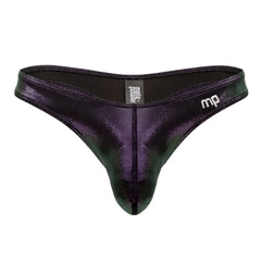 Shiny black and green iridescent male power 443-277 hocus pocus uplift thong with prazer branding in purple