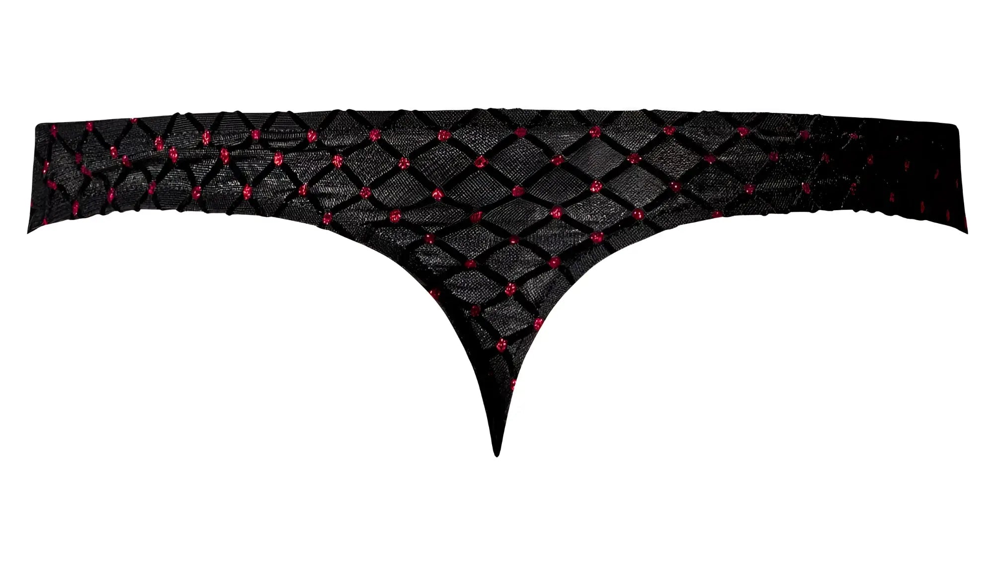 Male power 443-296 widow maker classic black thong with diamond-patterned mesh and pink rhinestone accents