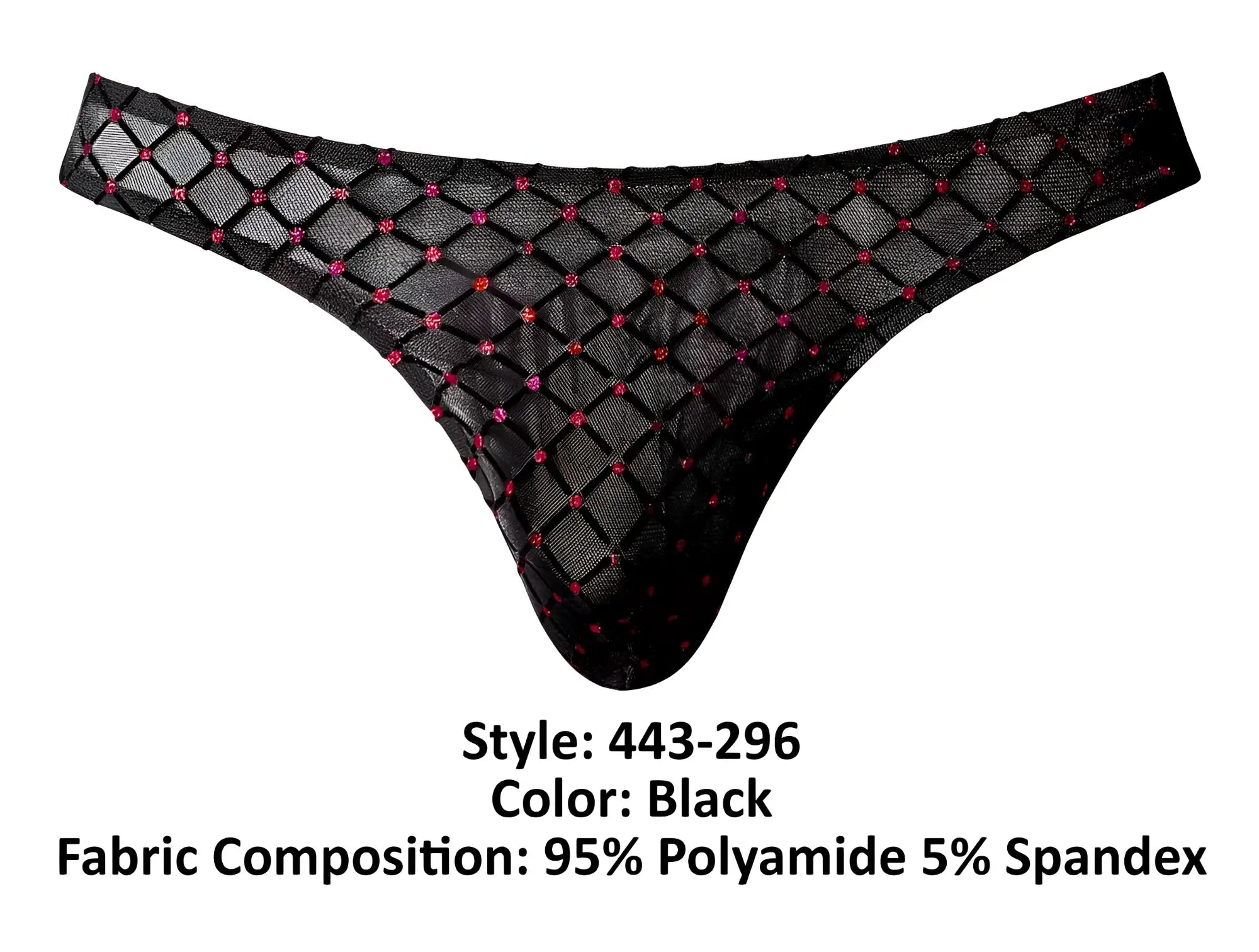 Male Power 443-296 widow maker classic thong in black with diamond-patterned mesh and pink rhinestone accents