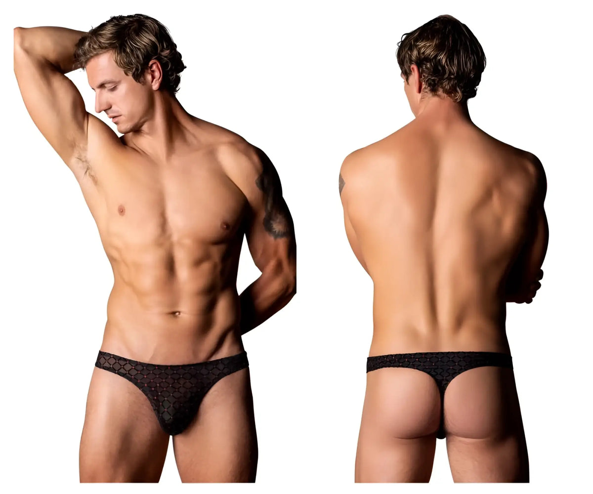 Male power 443-296 widow maker classic thong in black lace with a subtle geometric pattern shown from the back