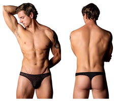 Male power 443-296 widow maker classic thong in black lace with a subtle geometric pattern shown from the back