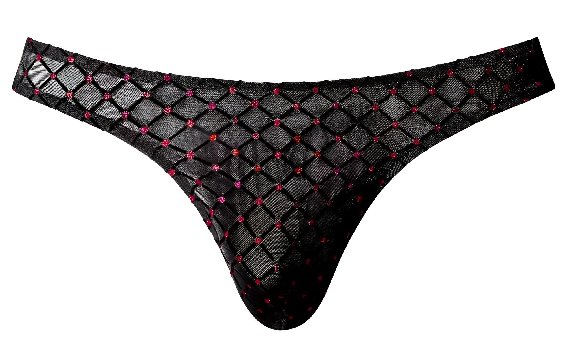Male power 443-296 widow maker classic thong black sheer mesh with sparkling pink and red rhinestones diamond pattern