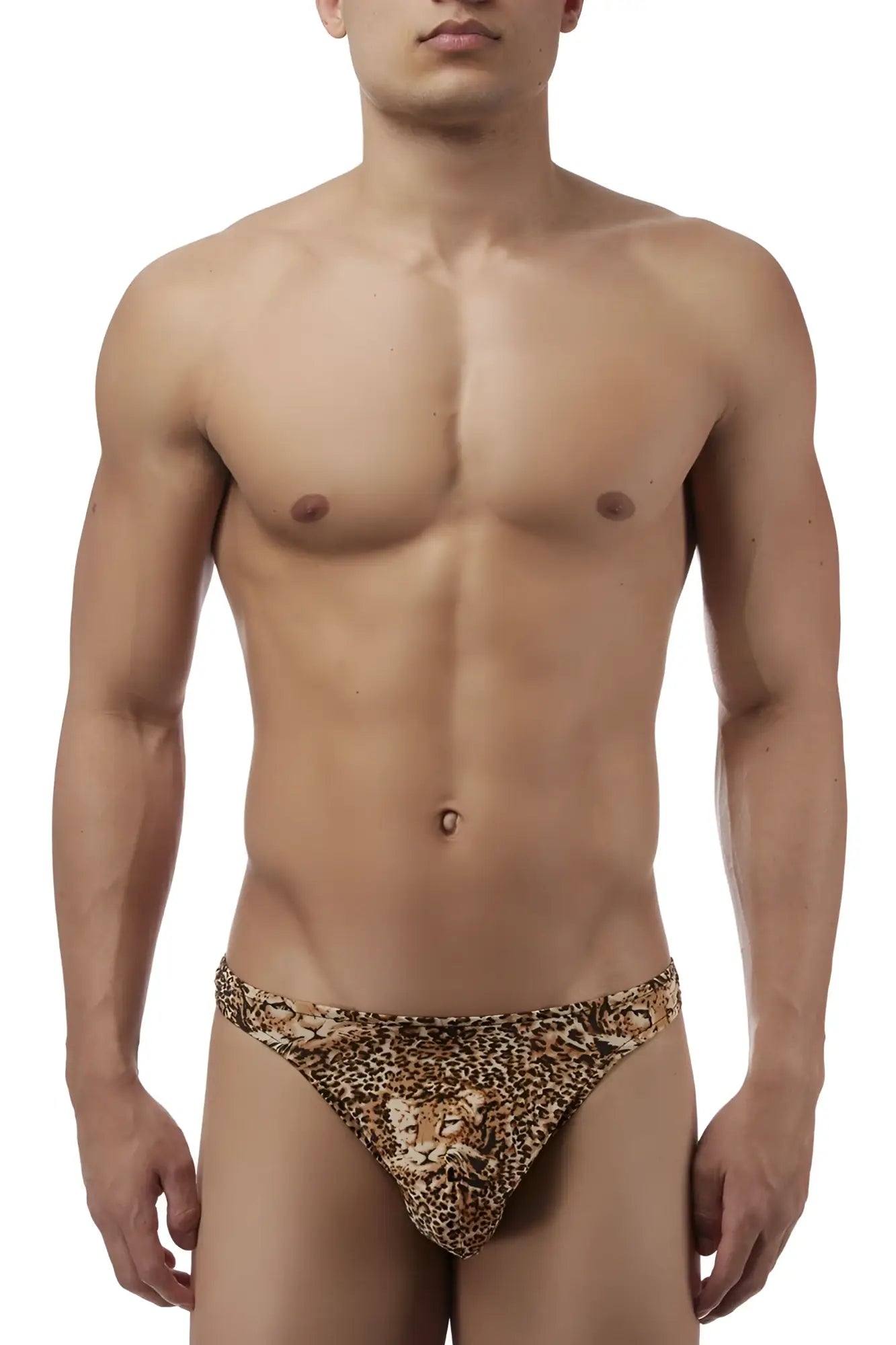 Brown male power 444030 animal wonder thong with leopard print and central lion head design on men’s underwear