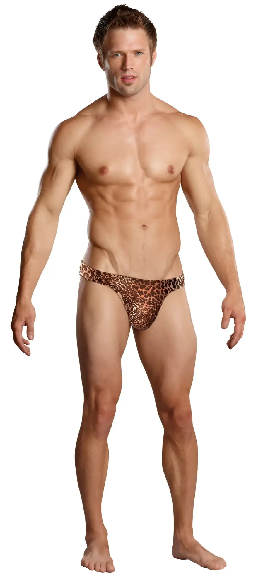Male power 444030 animal wonder thong in brown leopard print briefs showing front side design and material detail