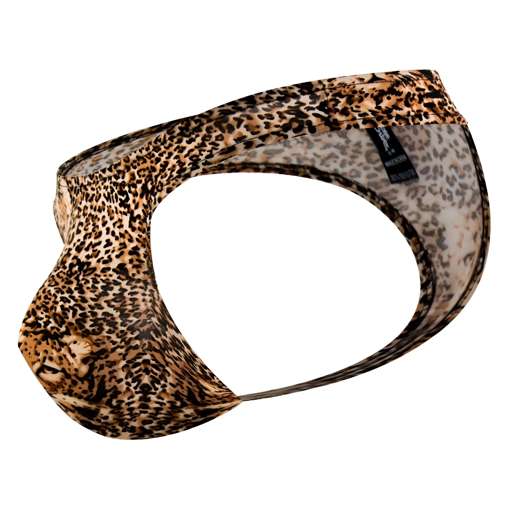 Male power 444030 animal wonder thong in brown leopard print with stretchy fabric and snug form-fitting design