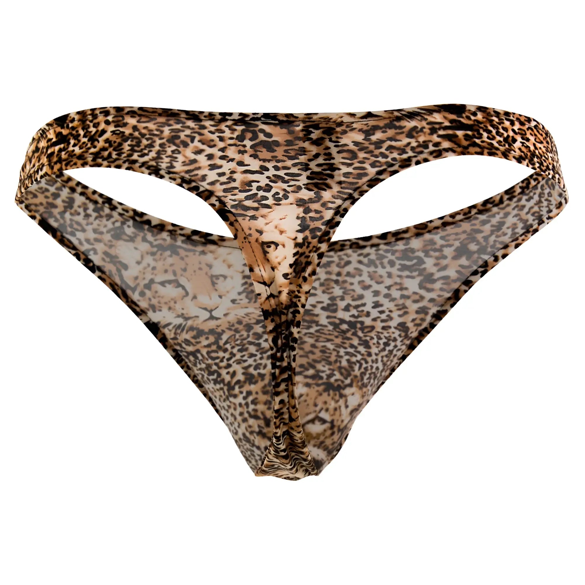Male Power 444030 Animal Wonder sheer brown leopard-print thong with detailed cheetah face design on front