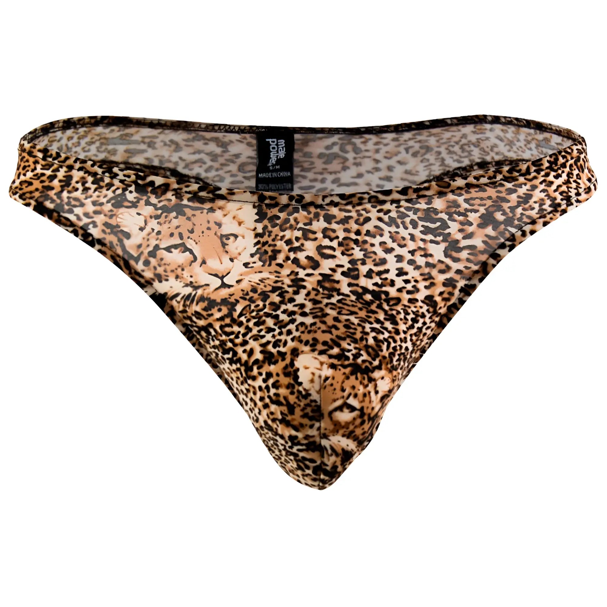 Male power 444030 animal wonder thong in brown sheer leopard print with detailed tan and black leopard graphic