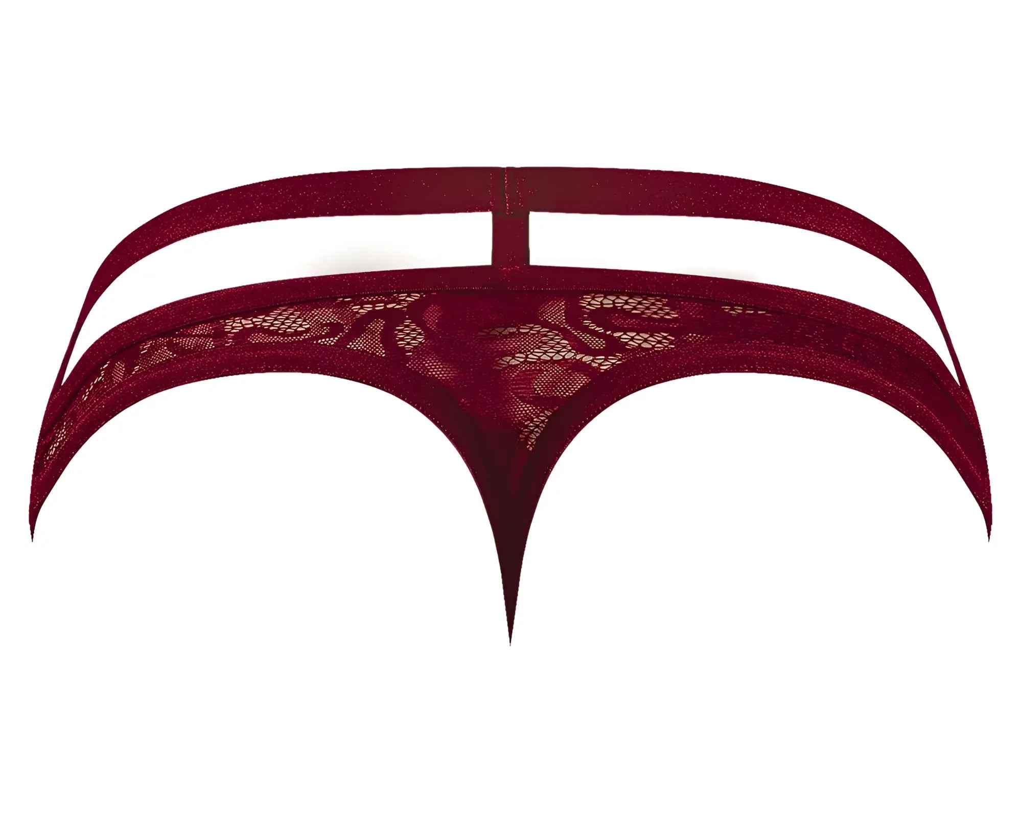 Male power 446-289 lucifer cut out strappy thong in burgundy deep red lace with floral pattern and curved supportive straps