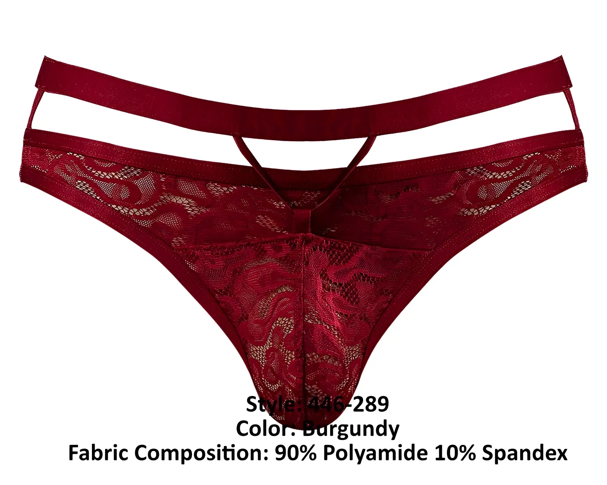 Burgundy lace thong with cut out design and elastic waistband male power 446-289 lucifer strappy thong