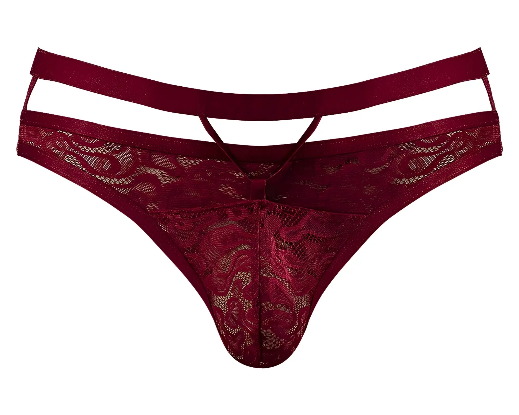 Male power 446-289 lucifer strappy thong in burgundy lace with satin waistband and cutout design shown from back