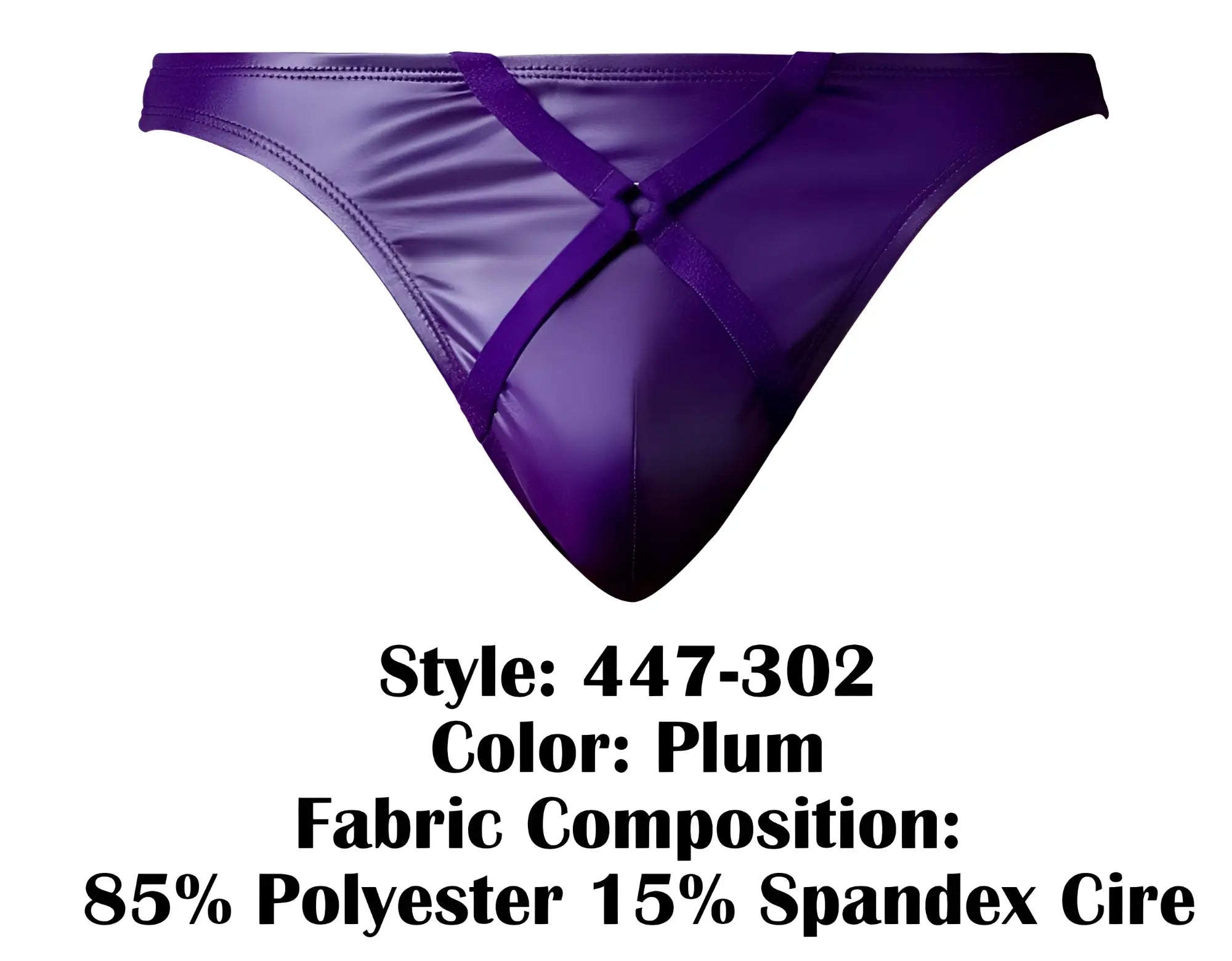 Plum-colored shiny satin-like male power briefs with crisscross strap design for a bold look