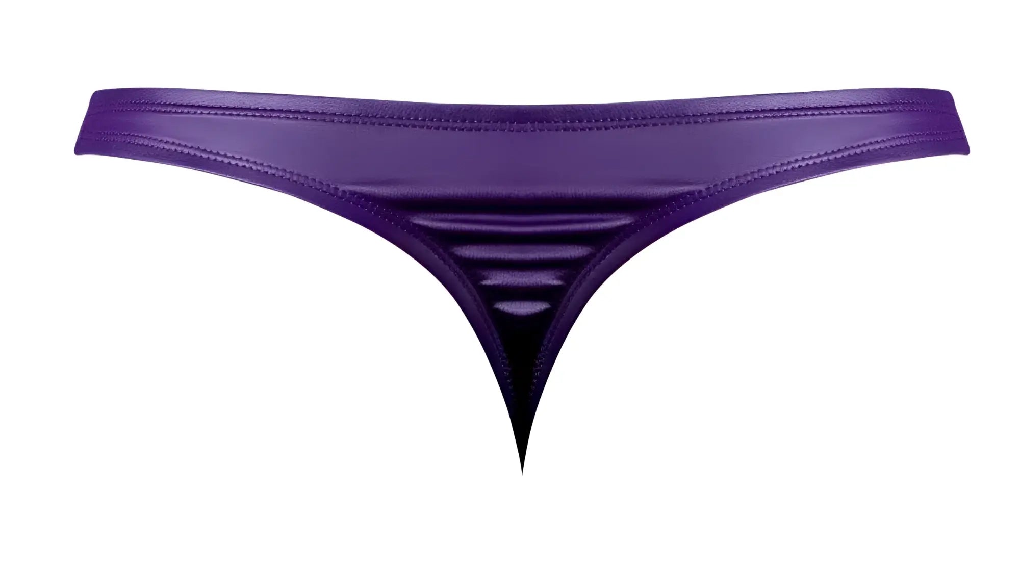 Male Power 447-302 Eggplant crossover thong in plum purple metallic with sleek glossy finish and stitched waistband detail