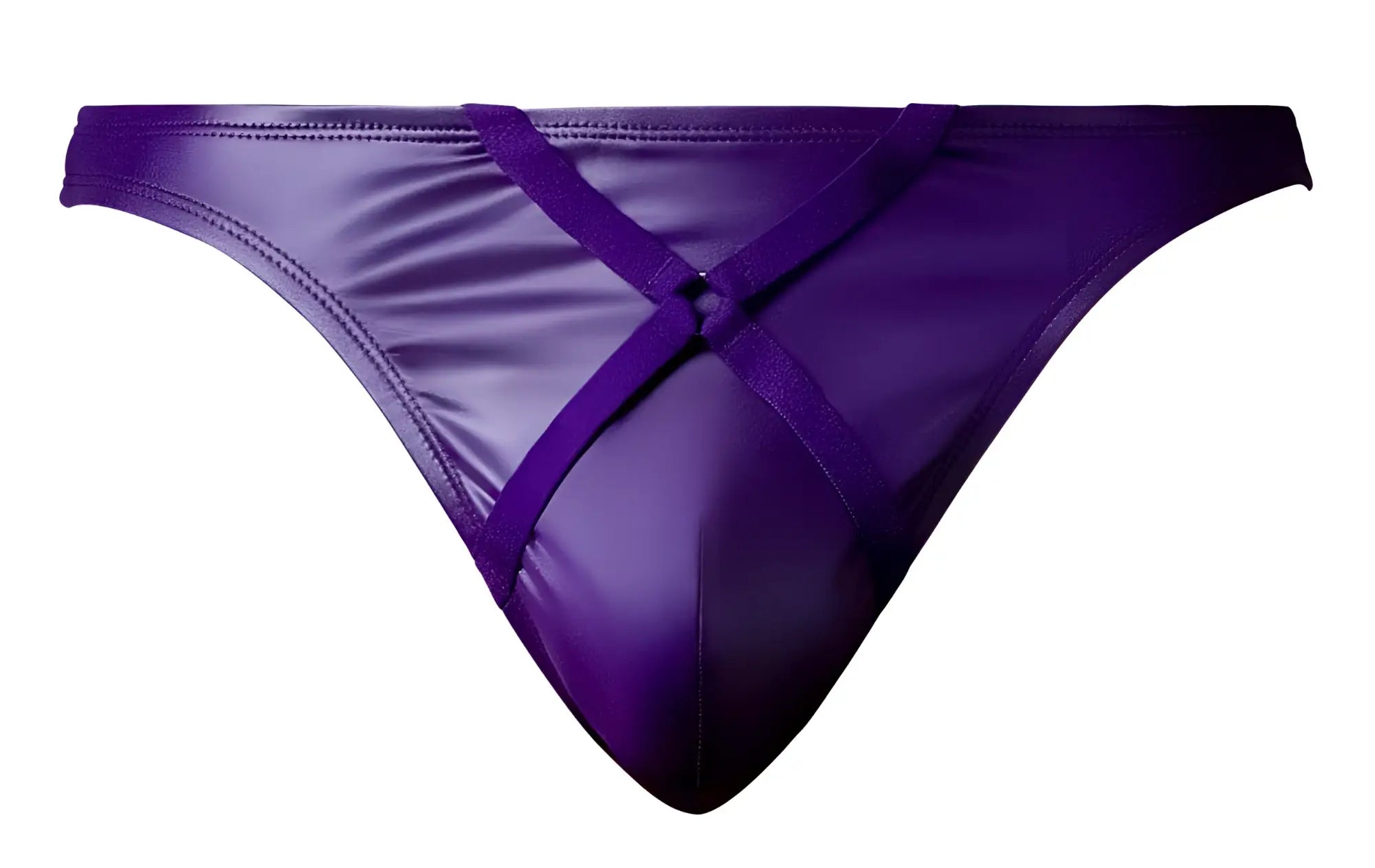Purple satin male thong with crisscross strap design by Male Power in eggplant color showing front view