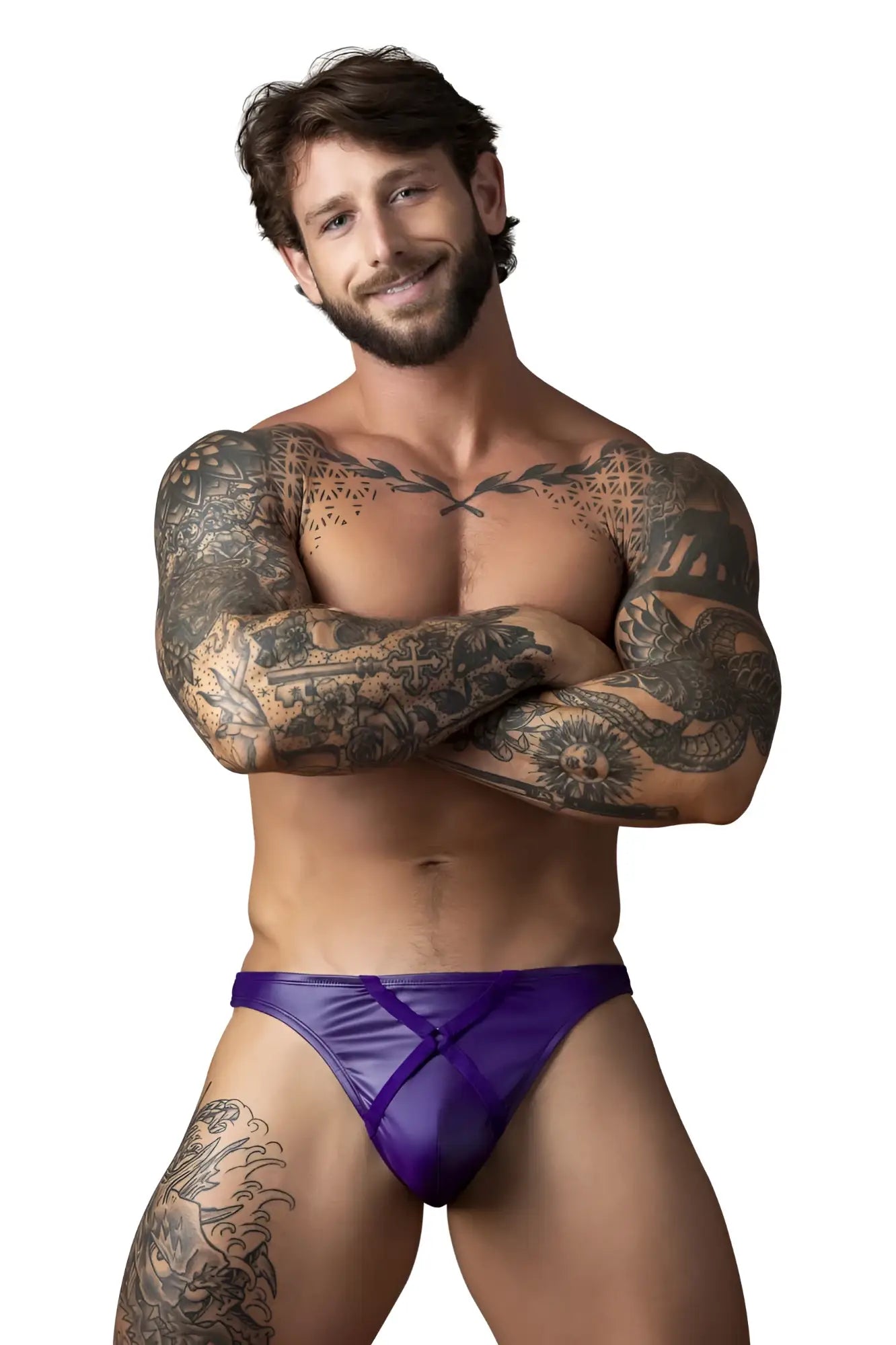 Purple satin briefs with sheer mesh panel and crossed front straps from male power in plum color